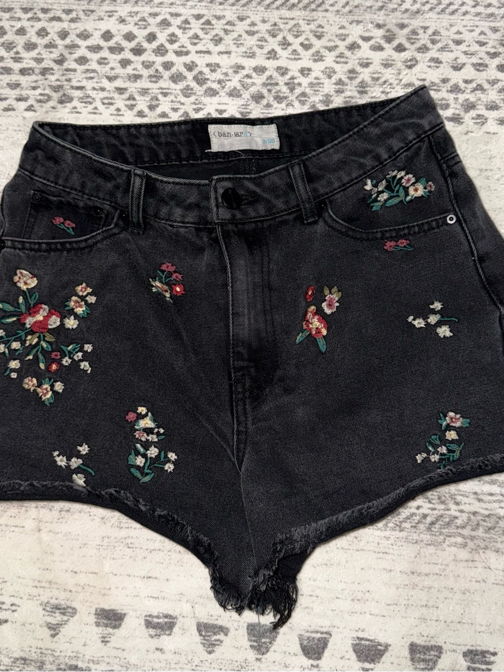 Black Embroidered Floral Denim Shorts - High Rise